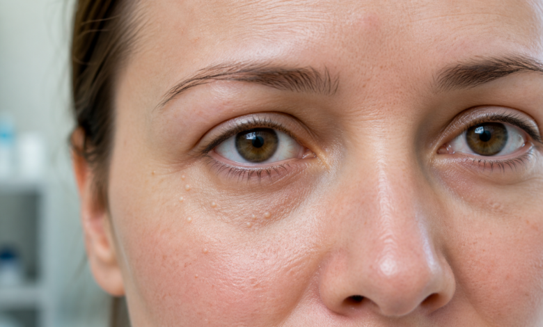 Grießkörner am Augenlid bei einer dermatologischen Untersuchung