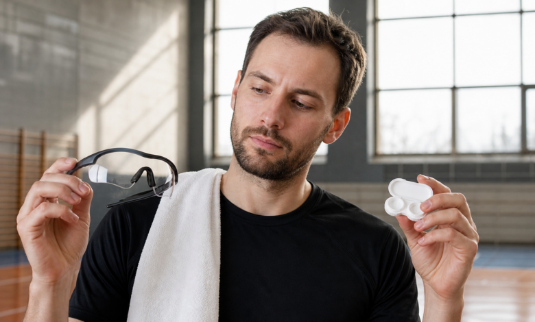 Sportlerin vergleicht Brille und Kontaktlinsen vor dem Training