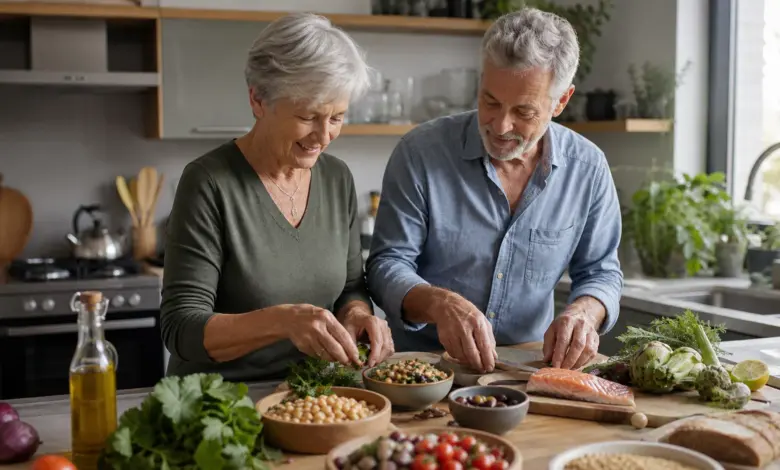 Älteres Paar bereitet eine pflanzenbetonte Longevity-Ernährung zu