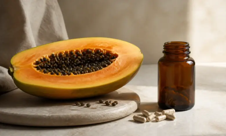 Papaya-Kapseln neben frischer Papaya