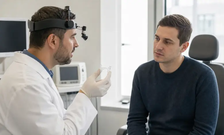 HNO-Arzt erläutert einem Patienten einen neutralen Nasendilatator
