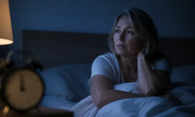 Frau liegt nachts wach im Bett bei gedämpftem Licht