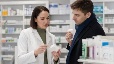 Apothekerin berät einen erkälteten Mann zu Zinkpräparaten