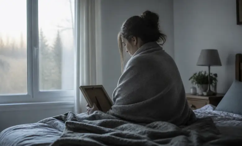 Trauernde Frau sitzt am frühen Morgen mit Decke und Bilderrahmen auf dem Bett