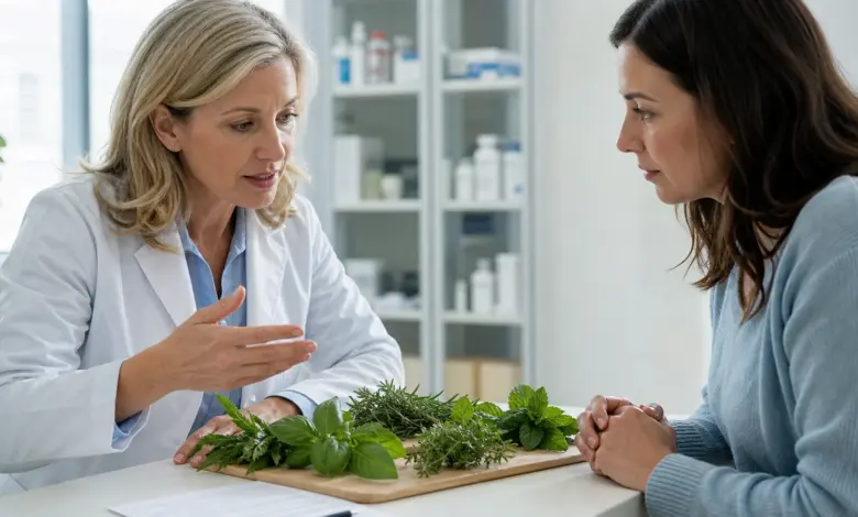 Apothekerin spricht mit einer Patientin über Kräuter und Medikamente