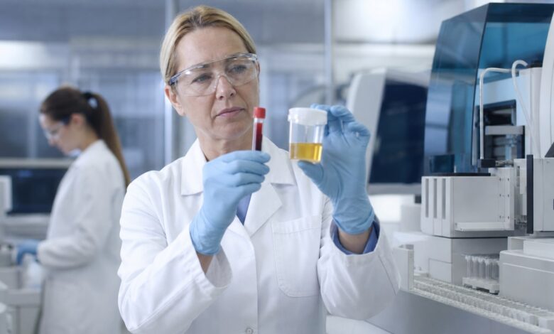 Toxikologin vergleicht eine Blutprobe und eine Urinprobe im Labor