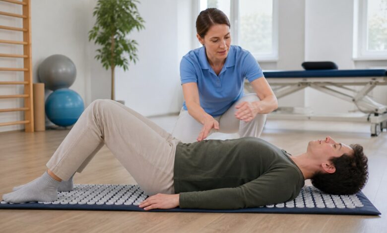 Anwendung einer Akupressurmatte unter physiotherapeutischer Anleitung