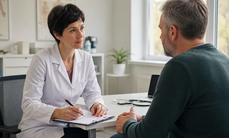 Ärztin führt ein aufmerksames Gespräch mit einem Patienten