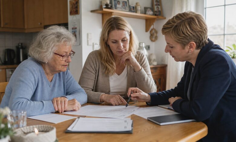 Pflegeberaterin bespricht einen Pflegegrad-Widerspruch mit einer Familie