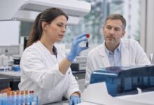 Laborfachkraft beurteilt eine Blutprobe für die CRP-Untersuchung