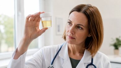 Ärztin beurteilt eine hellgelbe Urinprobe unter neutralem Licht