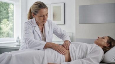 Ärztliche Untersuchung bei Druck unter dem rechten Rippenbogen