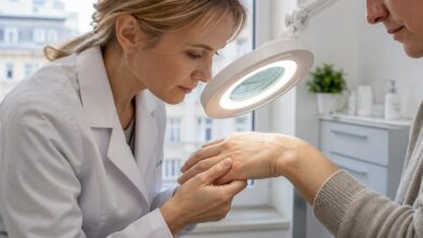 Dermatologische Untersuchung einer abgeheilten Warzenstelle an der Hand