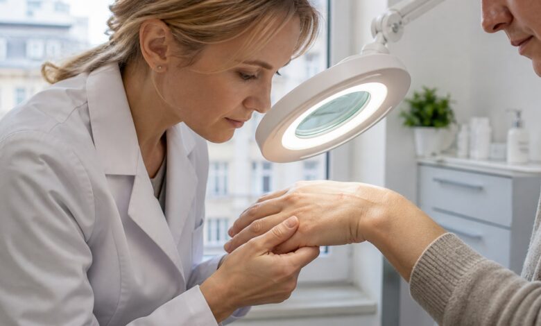 Dermatologische Untersuchung einer abgeheilten Warzenstelle an der Hand