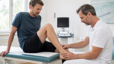 Orthopäde untersucht bei einem Patienten die Achillessehne oberhalb der Ferse