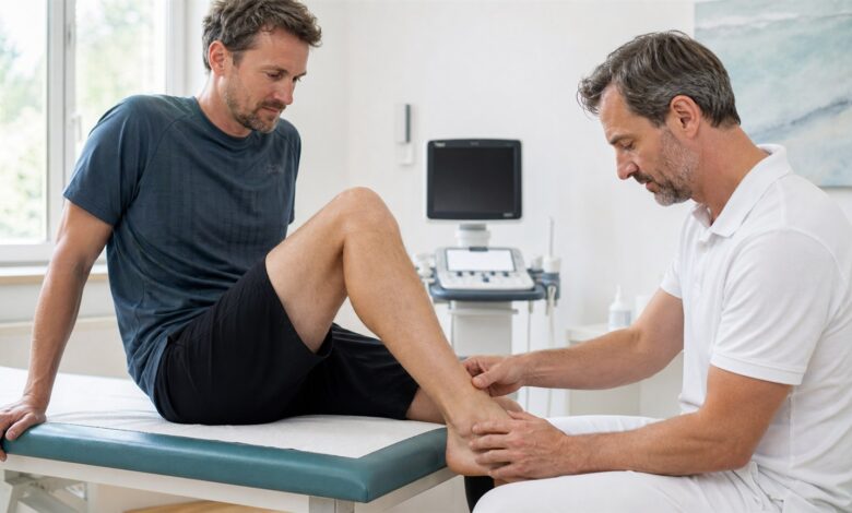 Orthopäde untersucht bei einem Patienten die Achillessehne oberhalb der Ferse