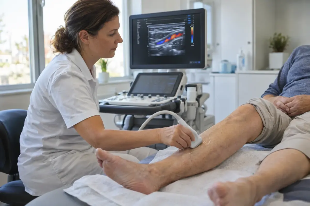 Ärztin untersucht ein Bein mit einem Ultraschallgerät