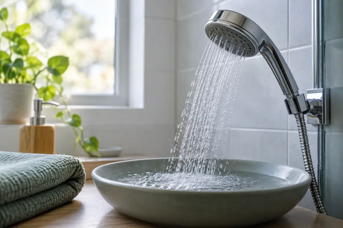 Duschkopf mit kühlem Wasser über einem Wasserbecken