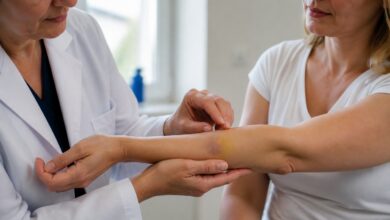 Ärztliche Untersuchung eines abheilenden blauen Flecks am Unterarm