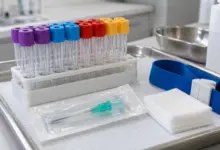 Blutprobenröhrchen und verpackte Materialien für eine Blutentnahme