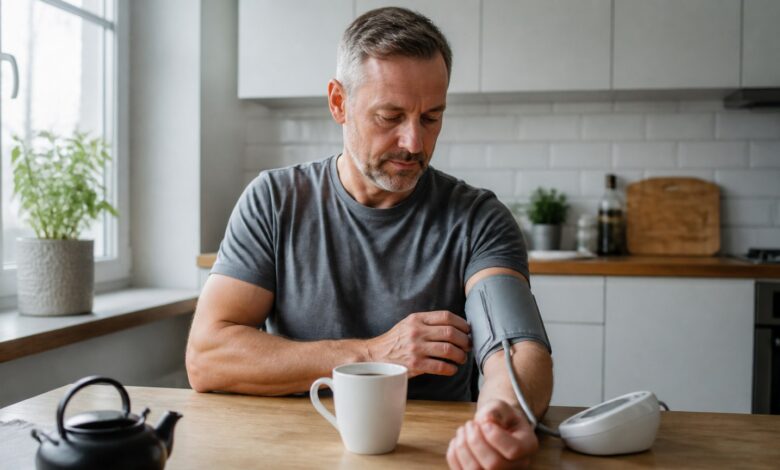 Mann misst zu Hause den Blutdruck neben einer Tasse Kaffee