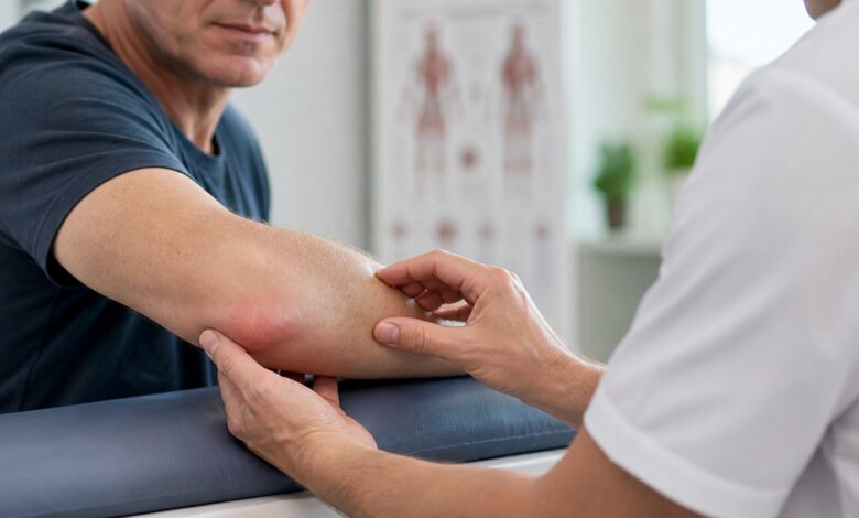 Klinische Untersuchung einer Schwellung bei Bursitis olecrani