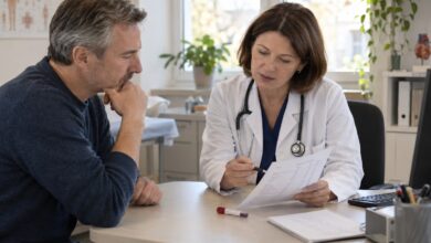 Ärztin bespricht Cholesterinwerte anhand eines Laborbefunds mit einem Patienten