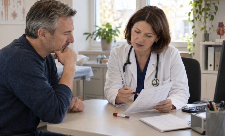 Ärztin bespricht Cholesterinwerte anhand eines Laborbefunds mit einem Patienten