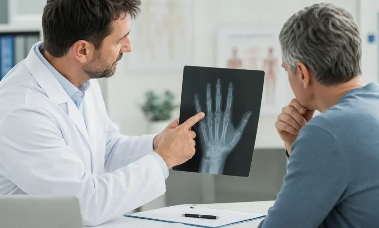 Orthopädische Besprechung eines Handröntgenbilds bei Enchondrom