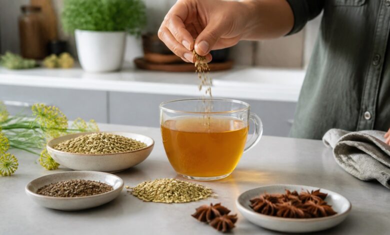 Fenchel-Anis-Kümmel-Tee mit Gewürzfrüchten auf einem Küchentisch