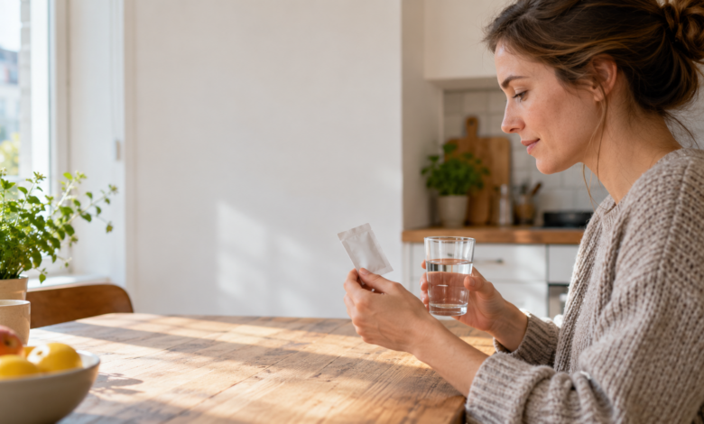 Frau betrachtet einen Medikamentenbeutel mit einem Glas Wasser am Küchentisch
