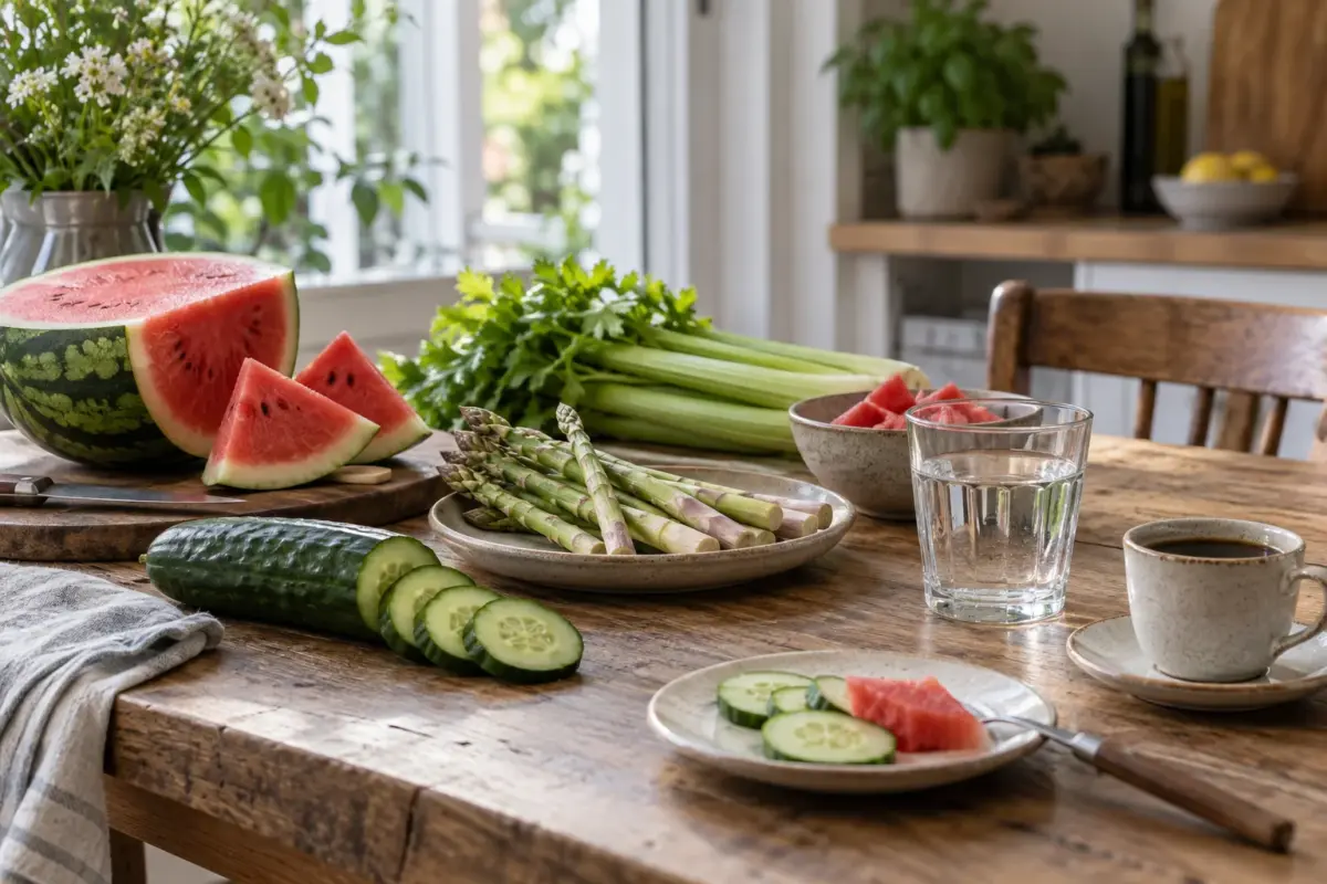 Wasserreiches Gemüse, Wassermelone, Wasser und Kaffee auf einem Küchentisch