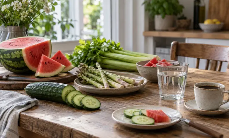Gurke, Wassermelone, Spargel, Sellerie, Wasser und Kaffee auf einem Tisch