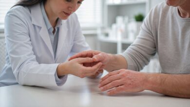 Dermatologische Untersuchung schälender Haut an den Händen