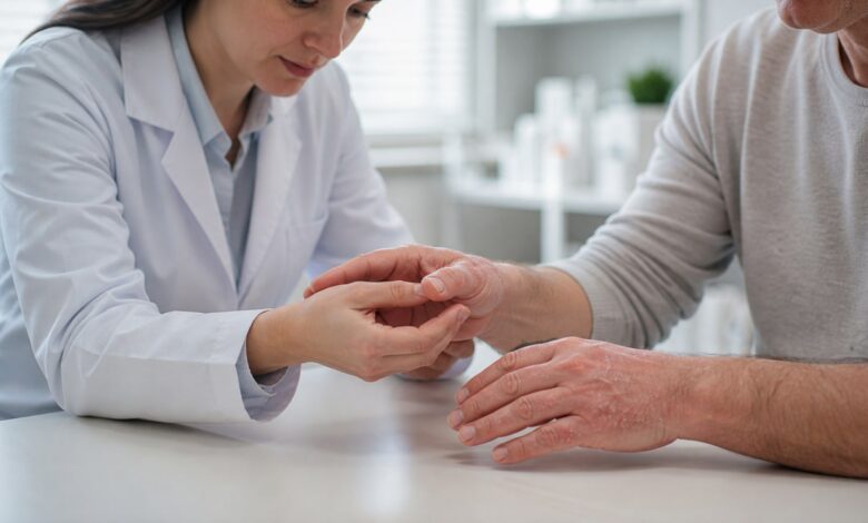 Dermatologische Untersuchung schälender Haut an den Händen