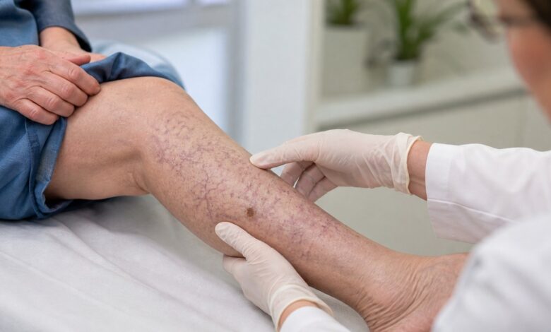 Dermatologische Untersuchung eines Unterschenkels bei Livedovaskulopathie