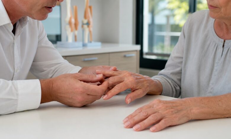 Untersuchung der Fingerendgelenke bei Heberden-Arthrose