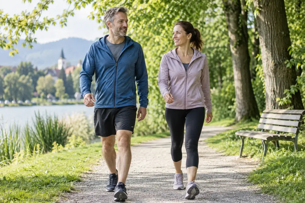 Frau und Mann gehen gemeinsam durch einen Park