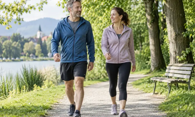 Mann und Frau gehen gemeinsam zügig durch einen Park