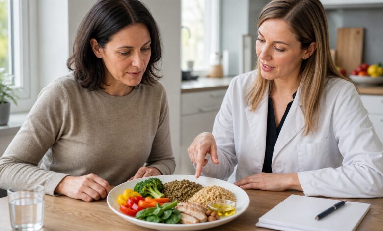Ernährungsberaterin zeigt ausgewogene Mahlzeit bei Insulinresistenz