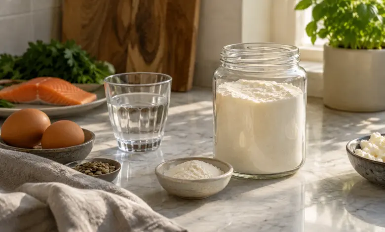 Glas mit Kollagenpulver neben Wasser, Eiern und Fisch auf einem Küchentisch