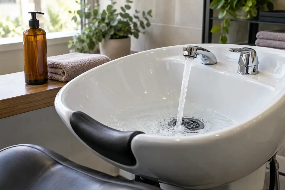 Haarwaschbecken mit fließendem Wasser und Shampoo