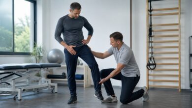 Physiotherapeut untersucht einen Sportler bei Leistenzerrung