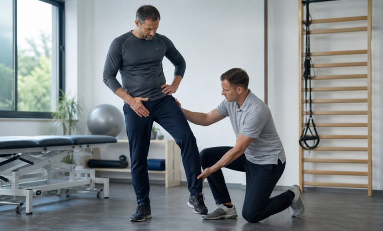 Physiotherapeut untersucht einen Sportler bei Leistenzerrung