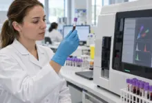 Laborfachkraft untersucht eine Blutprobe neben einem Analysegerät