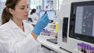 Laborfachkraft untersucht eine Blutprobe neben einem Analysegerät