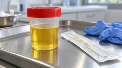 Verschlossener Urinprobenbecher und Testmaterialien auf einer sauberen Ablage