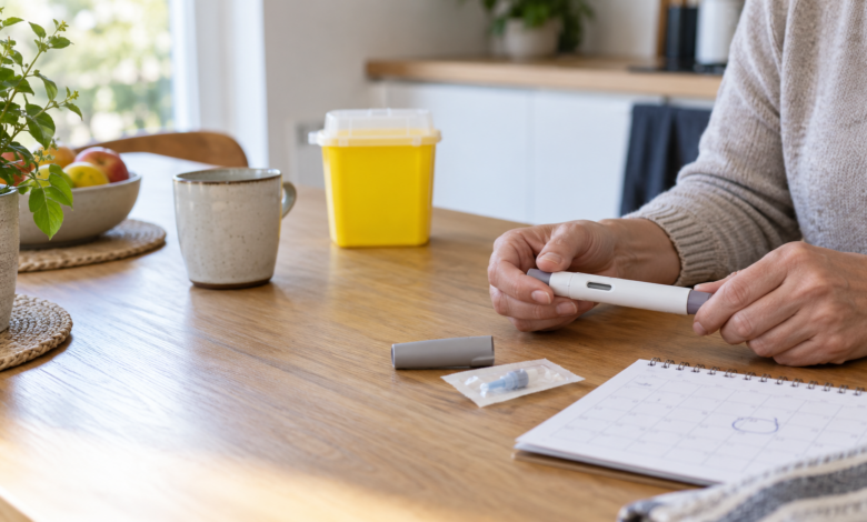 Person hält einen unbeschrifteten Injektionspen am Tisch; daneben liegen eine neue Pen-Nadel, Kalender und Abwurfbehälter