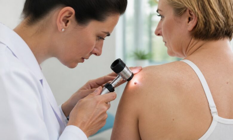 Dermatologin untersucht ein Muttermal mit einem Dermatoskop