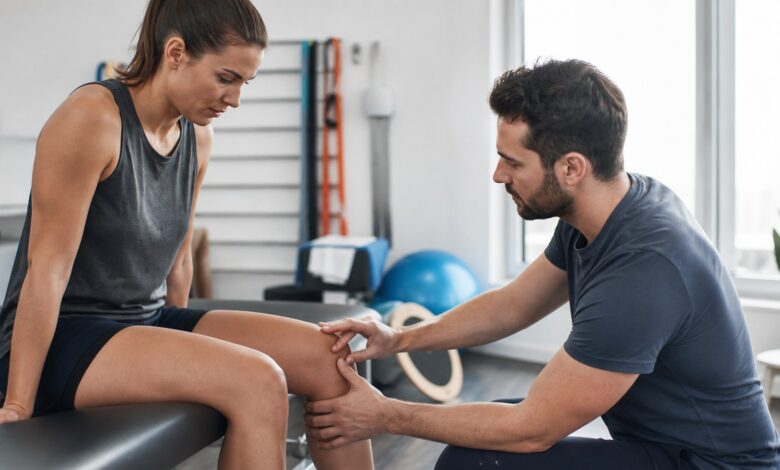 Physiotherapeut untersucht das Knie bei Chondropathia patellae